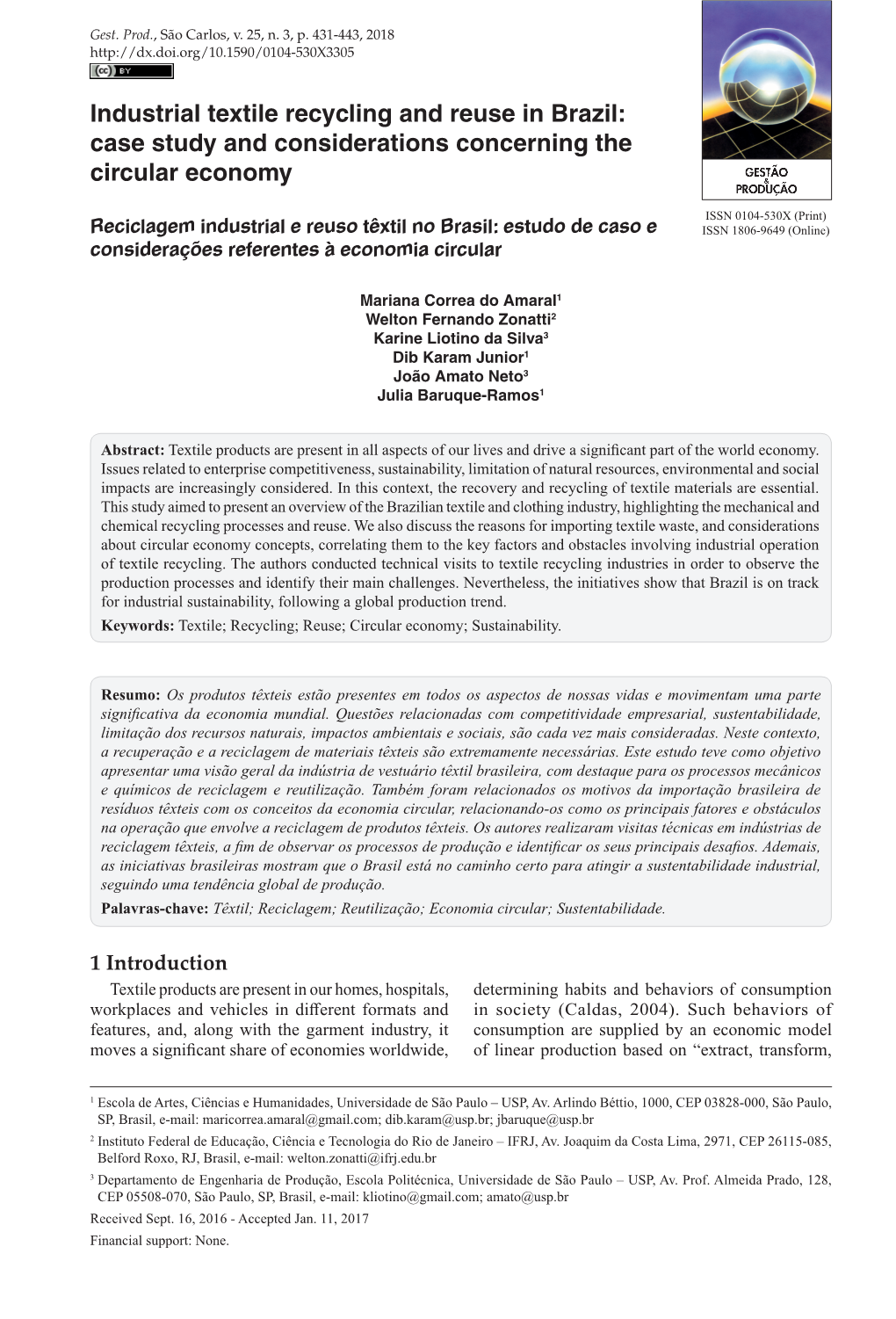 Industrial Textile Recycling and Reuse in Brazil: Case Study and Considerations Concerning the Circular Economy