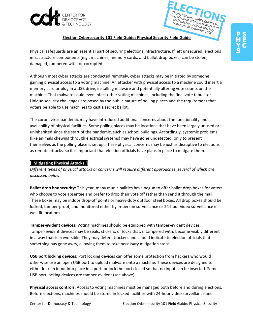 Election Cybersecurity 101 Field Guide: Physical Security Field Guide