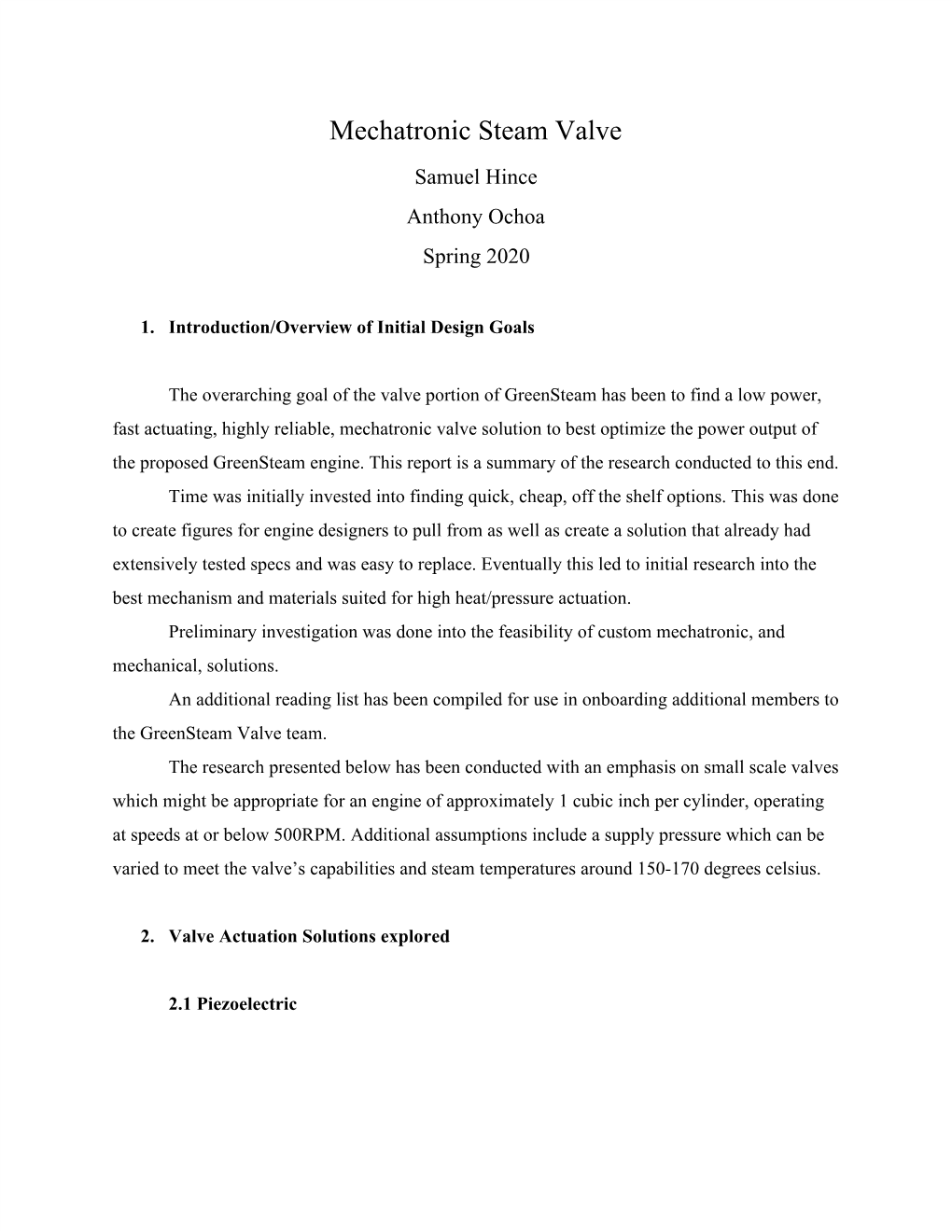 Mechatronic Steam Valve Samuel Hince Anthony Ochoa Spring 2020