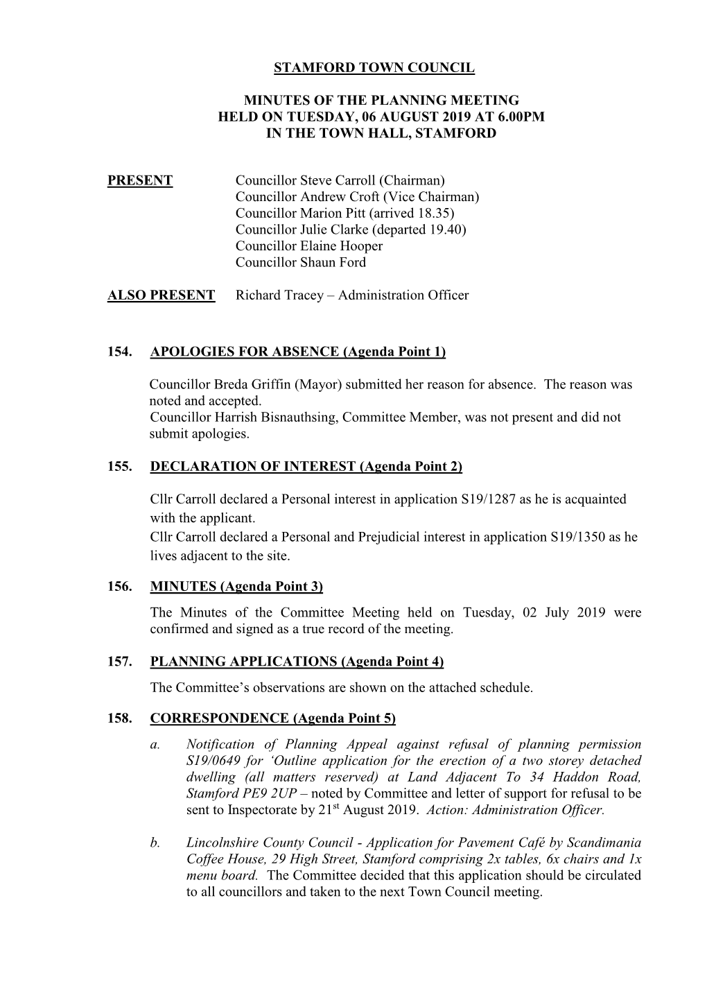 Stamford Town Council Minutes of the Planning