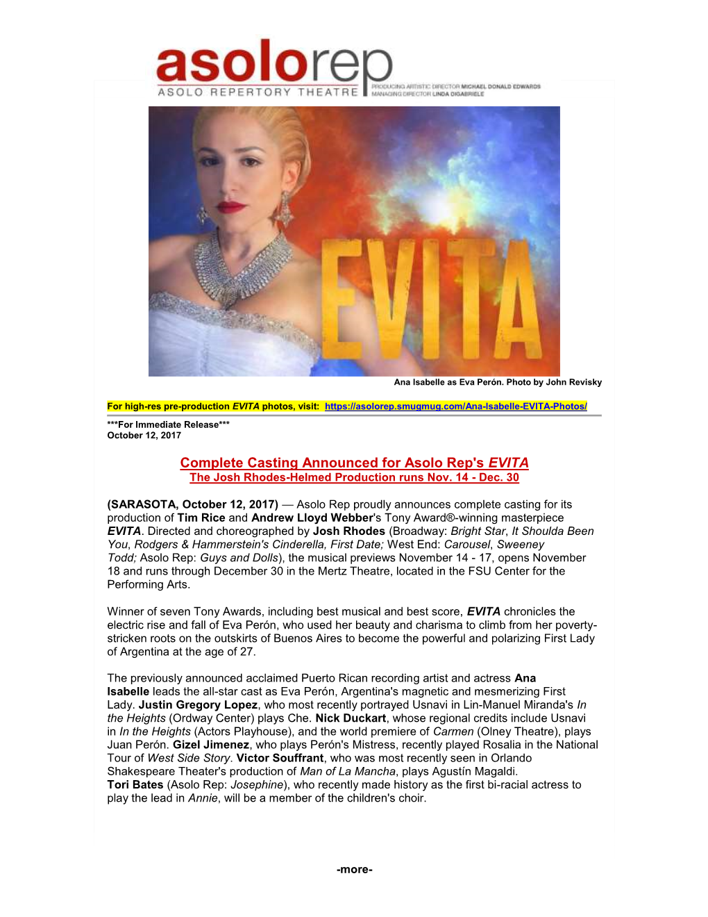 Complete Casting Announced for Asolo Rep's EVITA the Josh Rhodes-Helmed Production Runs Nov