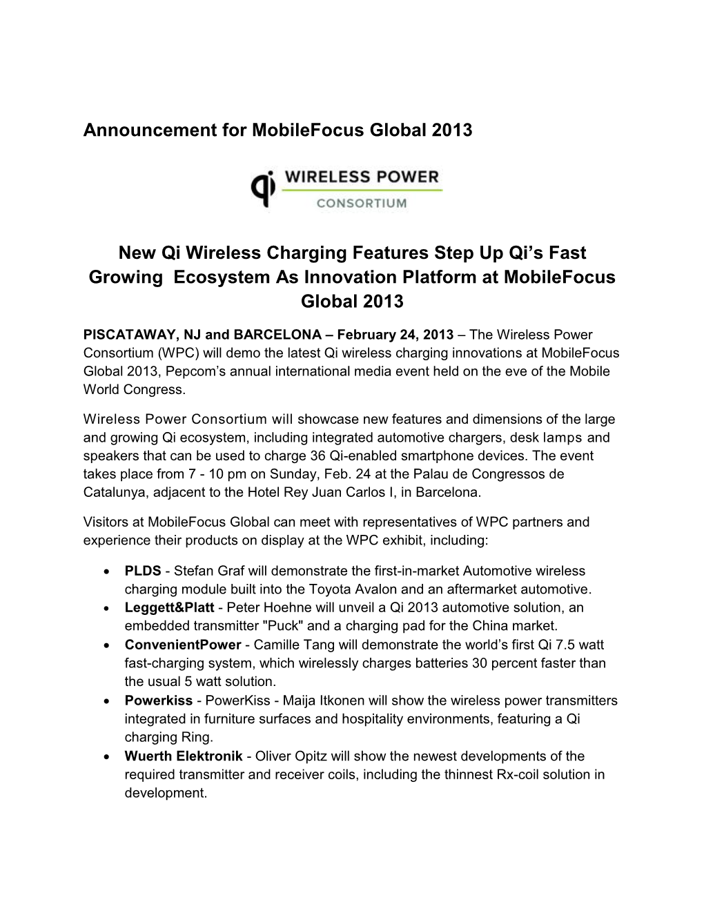 Announcement for Mobilefocus Global 2013 New Qi Wireless