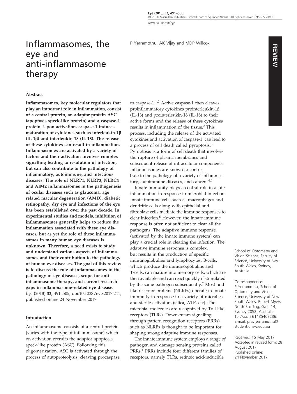 Inflammasomes, the Eye and Anti-Inflammasome Therapy