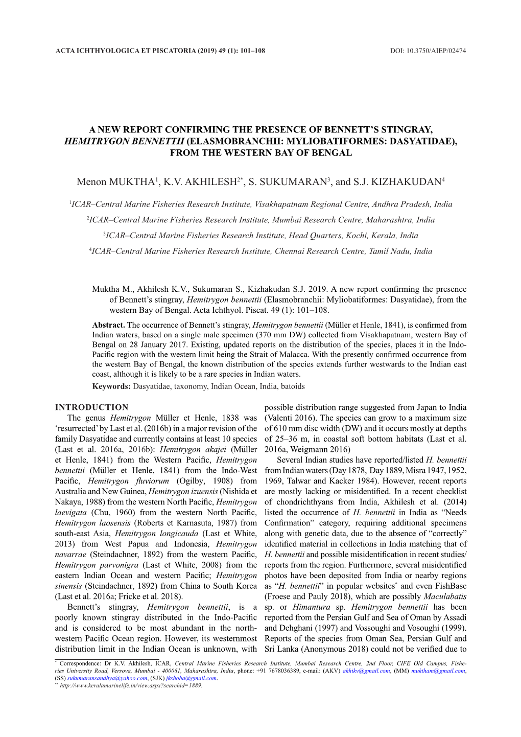 Menon MUKTHA1, K.V. AKHILESH2*, S. SUKUMARAN3, and S.J. KIZHAKUDAN4