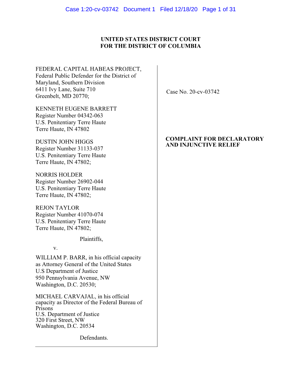 Federal Capital Habeas Project V. Barr Complaint