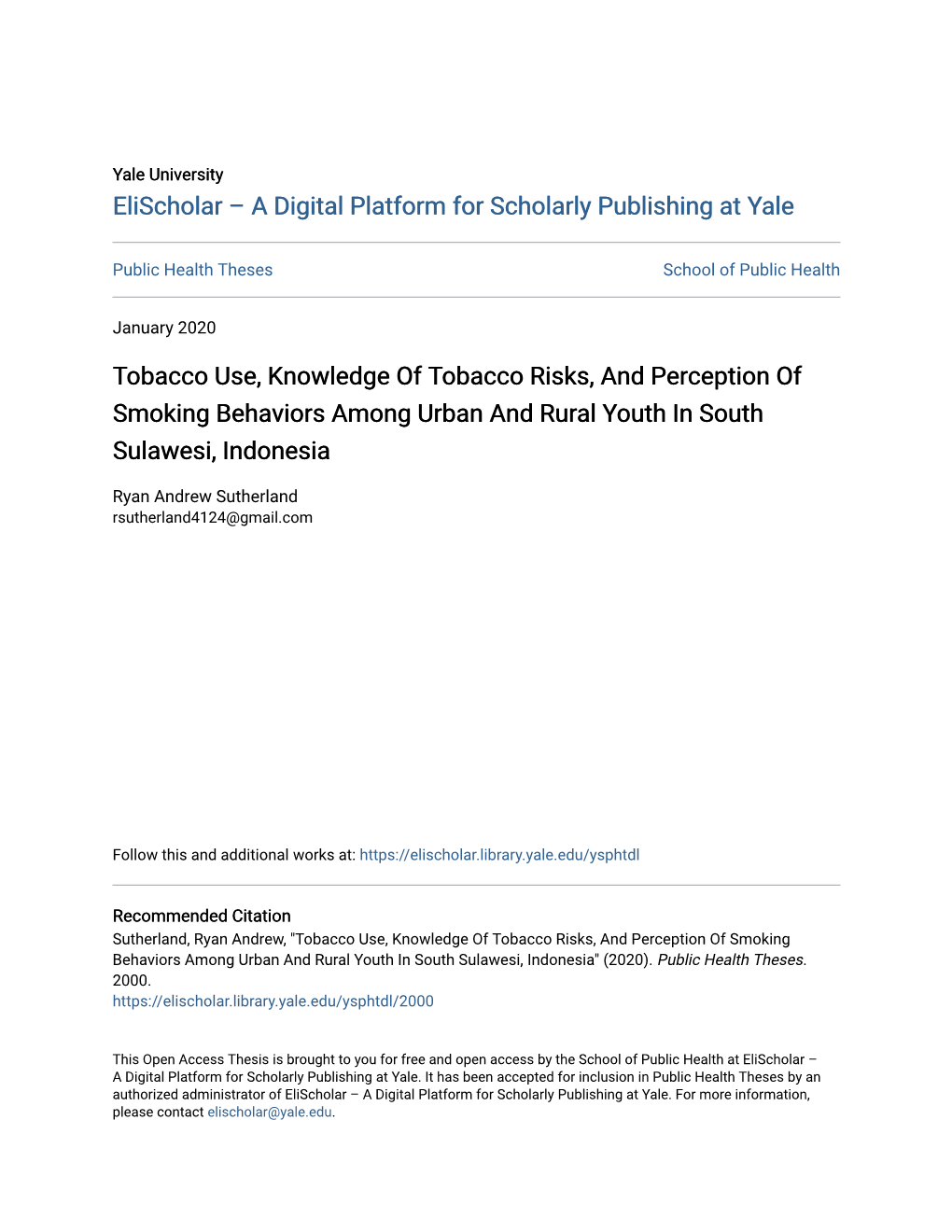 Tobacco Use, Knowledge of Tobacco Risks, and Perception of Smoking Behaviors Among Urban and Rural Youth in South Sulawesi, Indonesia