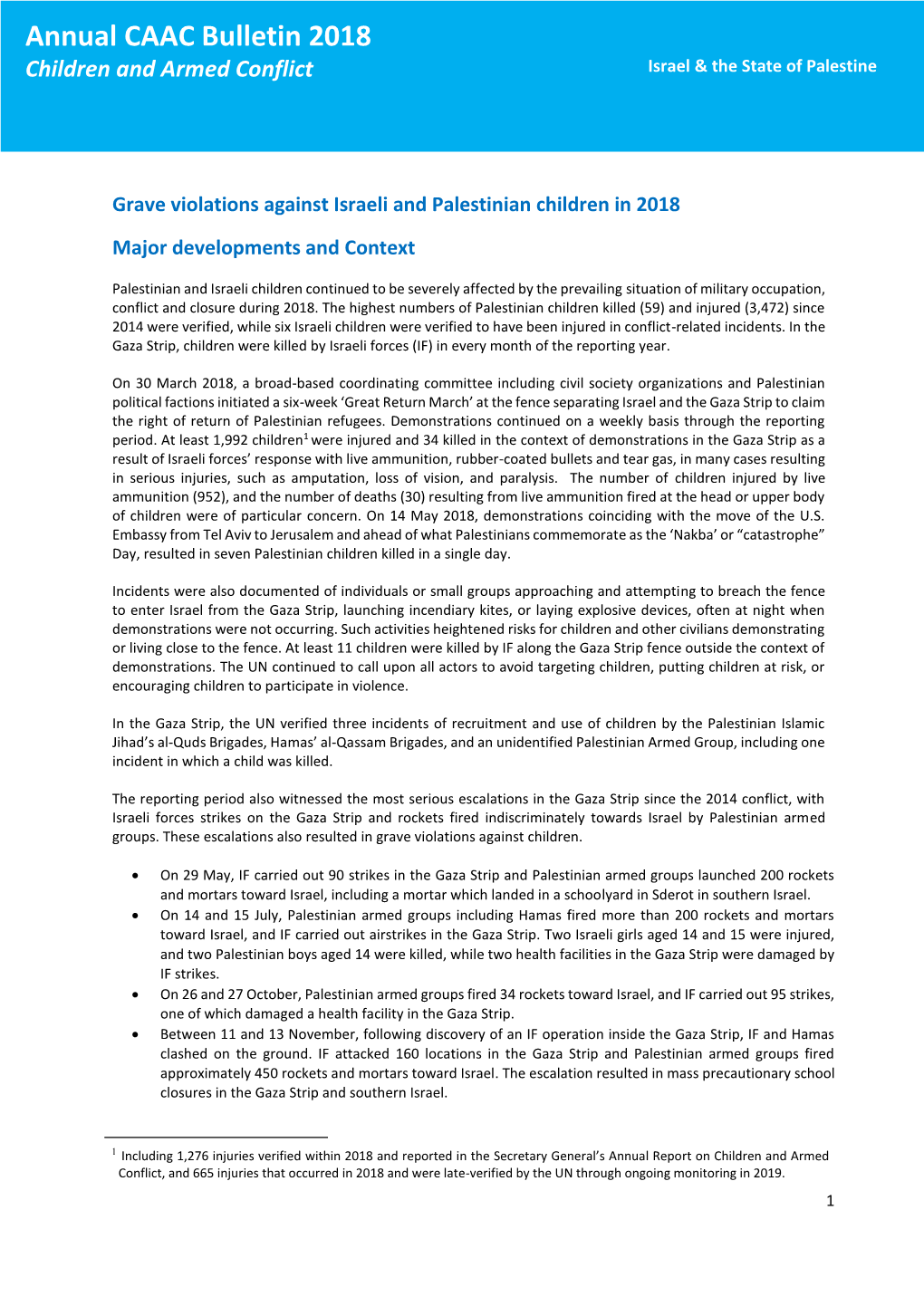 Annual CAAC Bulletin 2018 Children and Armed Conflict Israel & the State of Palestine