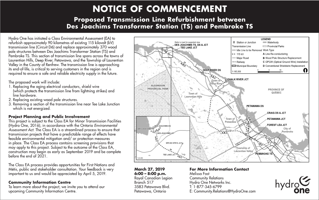 NOTICE of COMMENCEMENT Proposed Transmission Line Refurbishment Between Des Joachims Transformer Station (TS) and Pembroke TS
