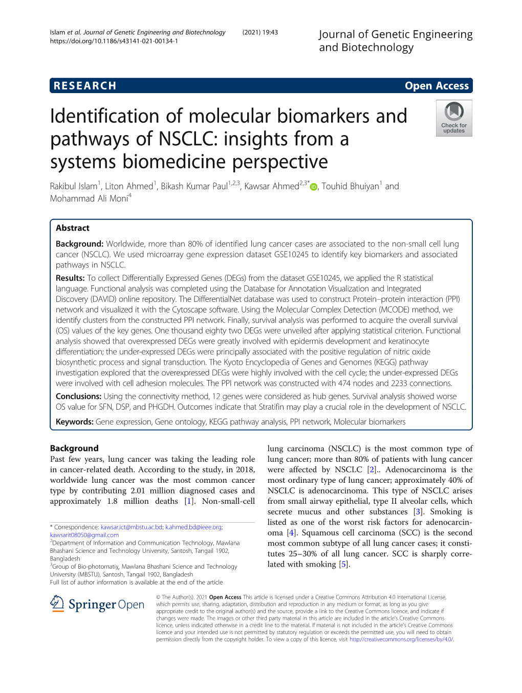 Identification of Molecular Biomarkers and Pathways of NSCLC