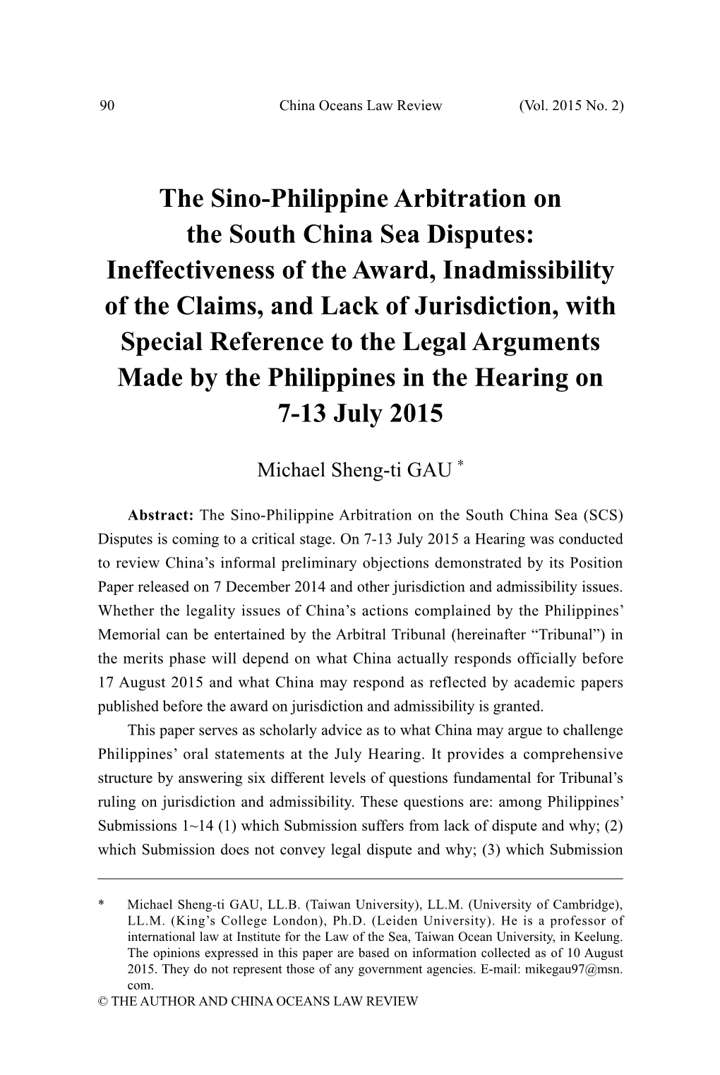 The Sino-Philippine Arbitration on the South China Sea Disputes