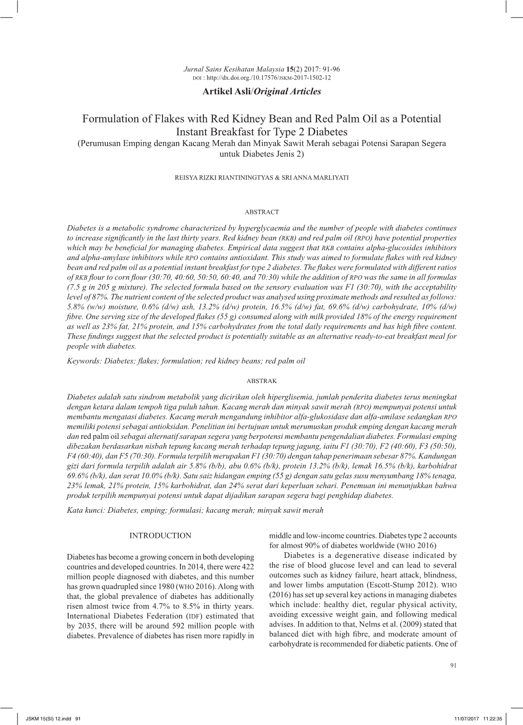 Formulation of Flakes with Red Kidney Bean and Red Palm Oil As A