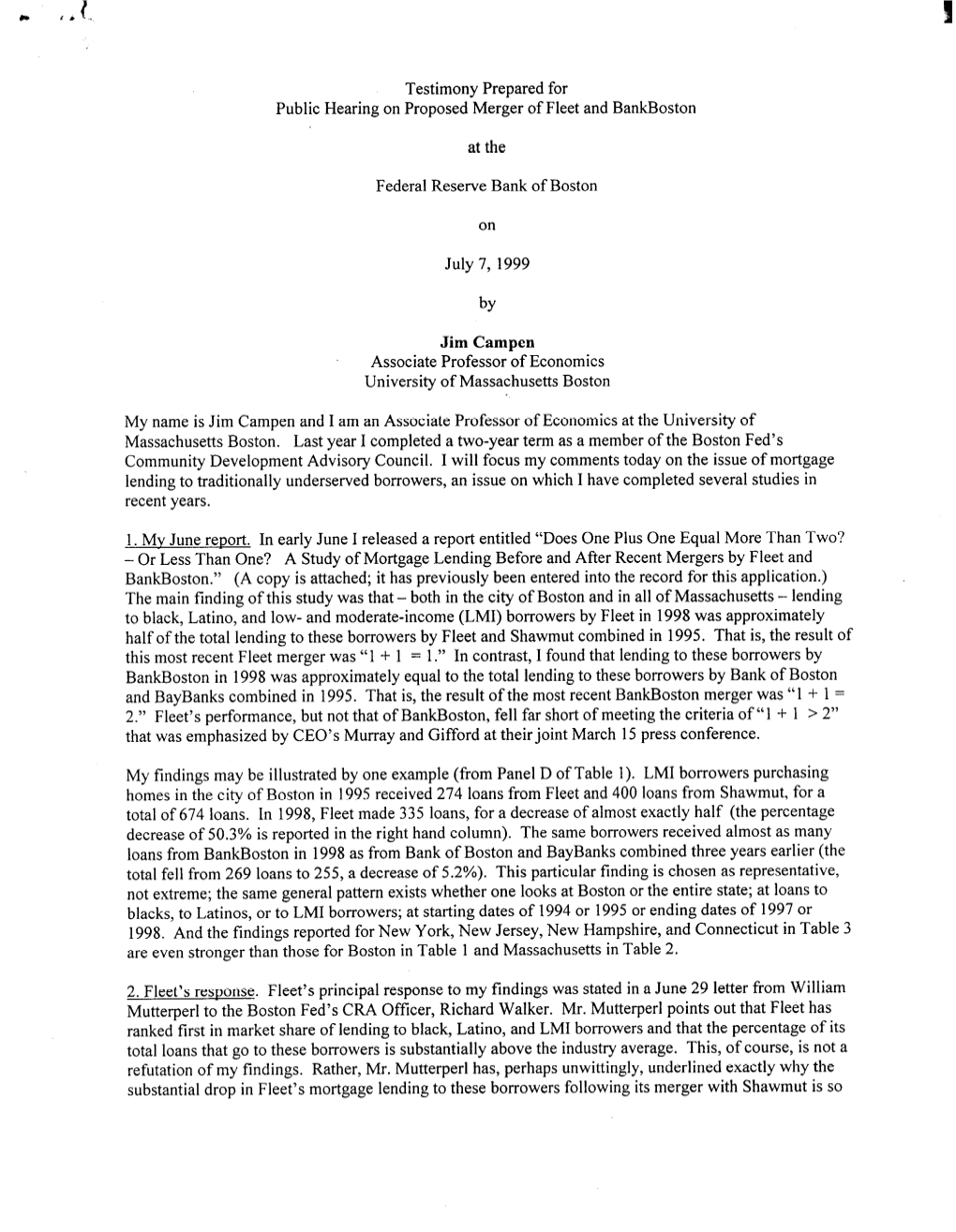 Testimony Prepared for Public Hearing on Proposed Merger of Fleet and Bar&Boston at the Federal Reserve Bank of Boston on Ju