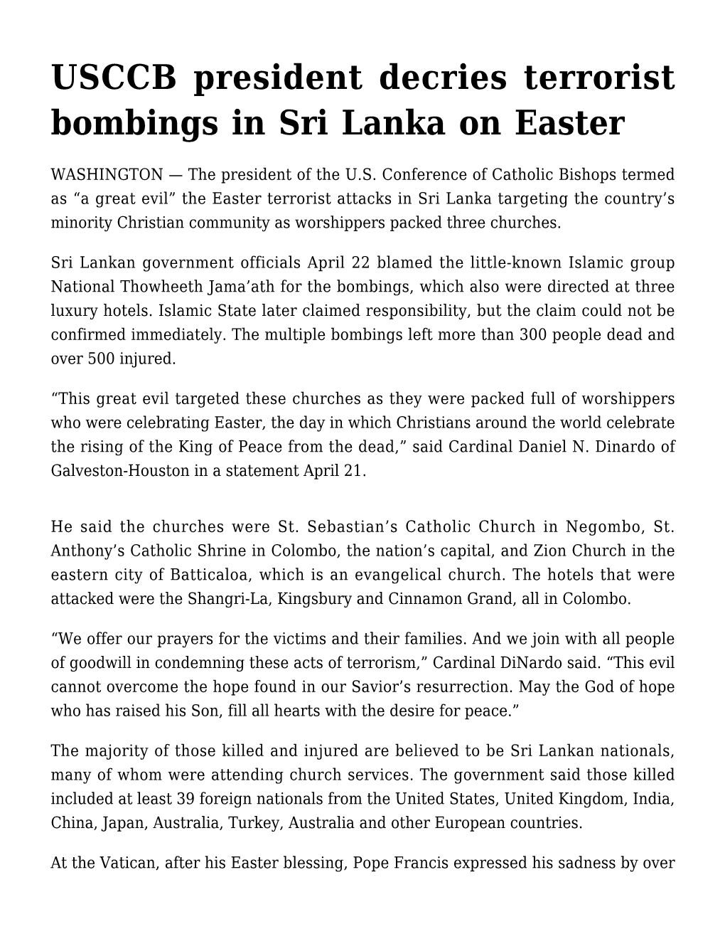 USCCB President Decries Terrorist Bombings in Sri Lanka on Easter