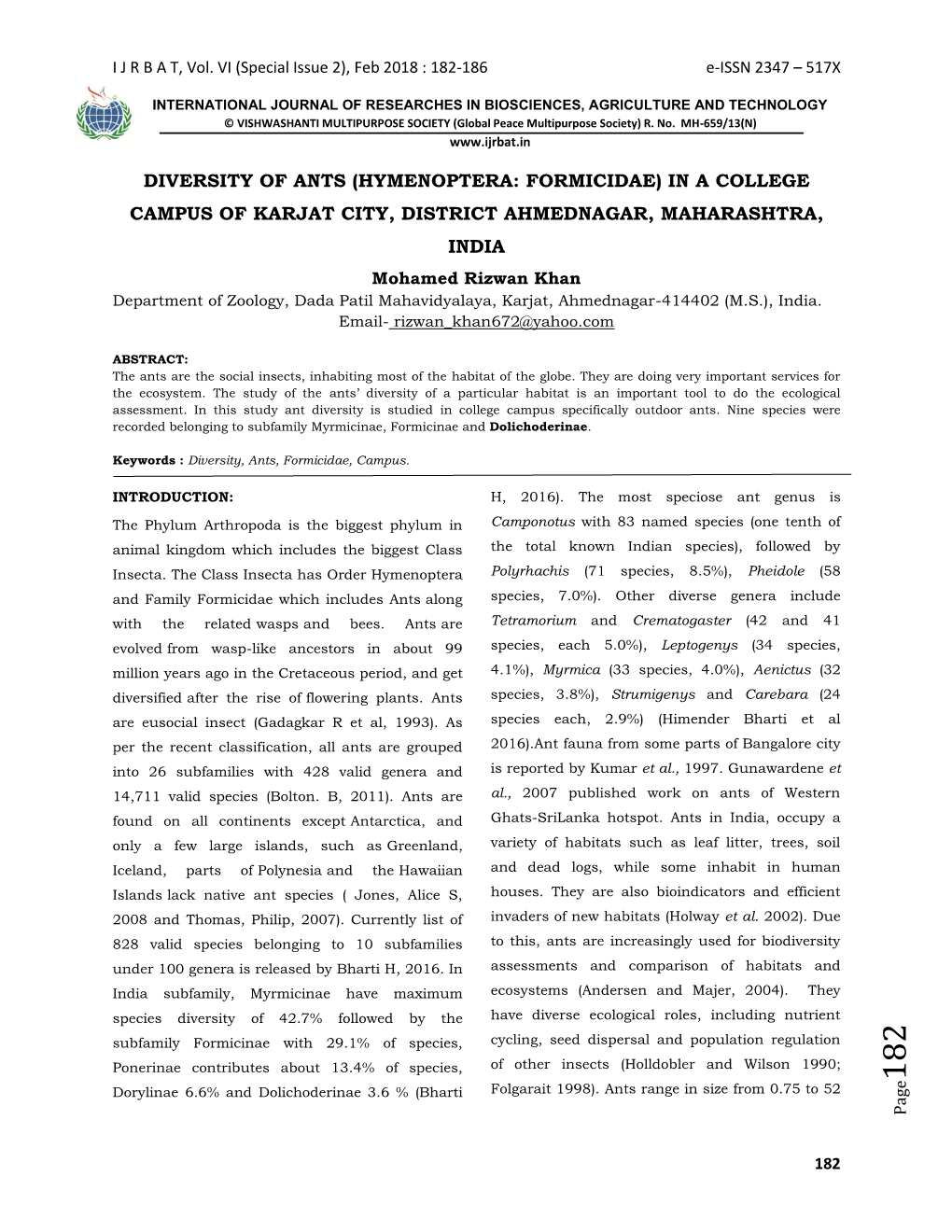 Diversity of Ants (Hymenoptera: Formicidae) in a College Campus Of