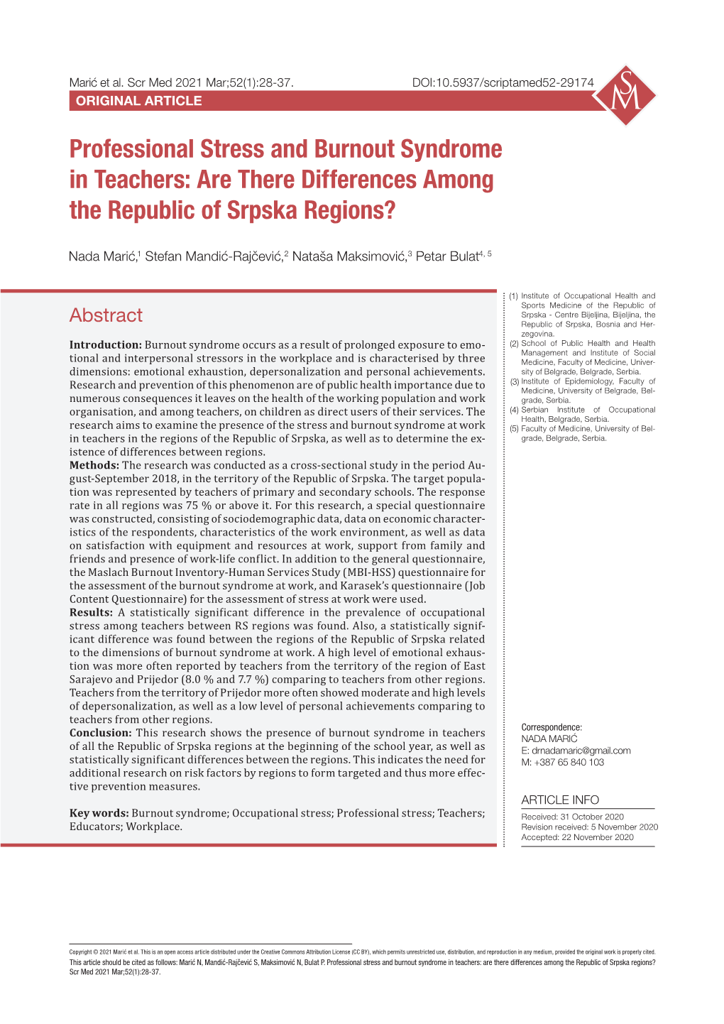 Professional Stress and Burnout Syndrome in Teachers: Are There Differences Among the Republic of Srpska Regions?