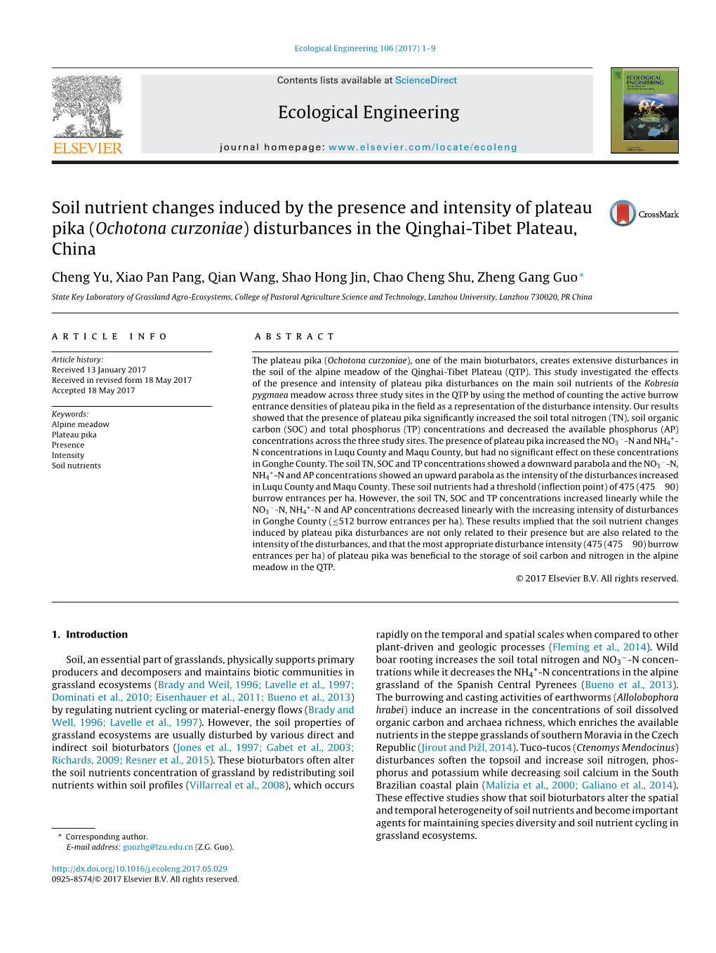 Soil Nutrient Changes Induced by the Presence and Intensity of Plateau Pika