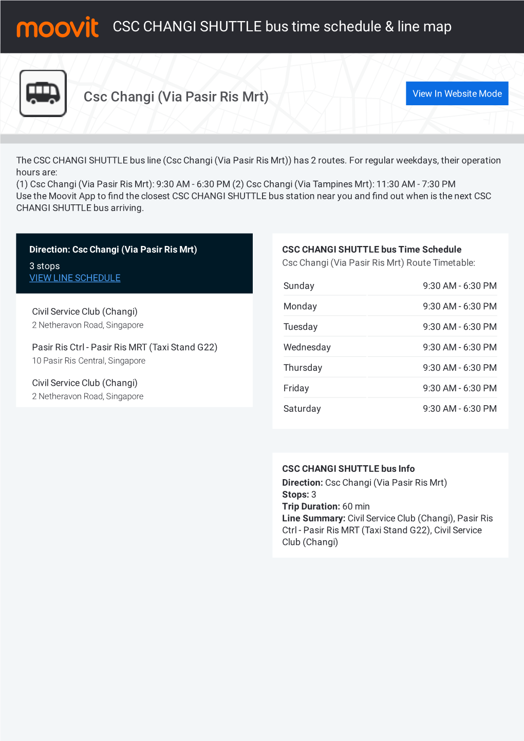 CSC CHANGI SHUTTLE Bus Time Schedule & Line Route