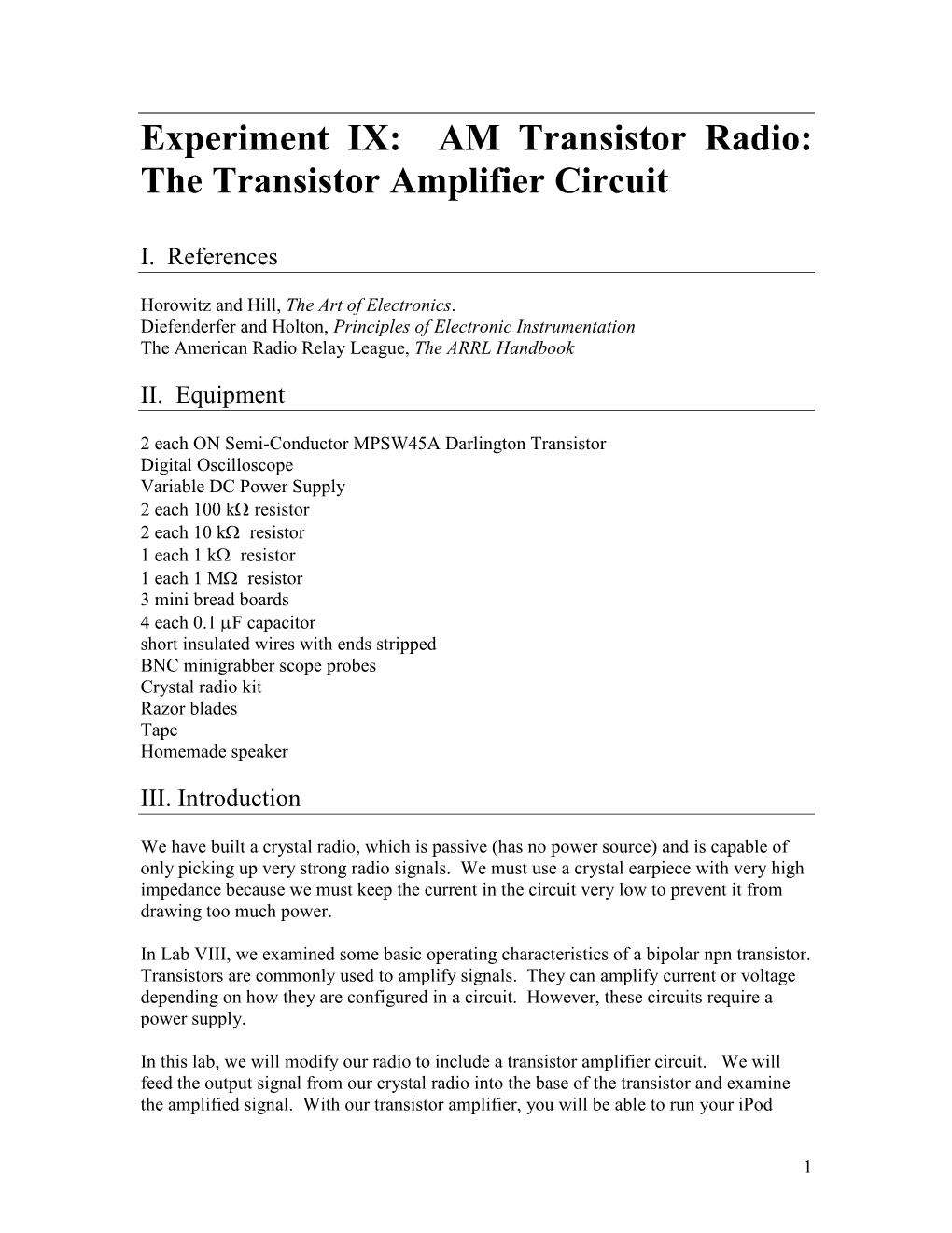 Experiment IX: AM Transistor Radio: the Transistor Amplifier Circuit