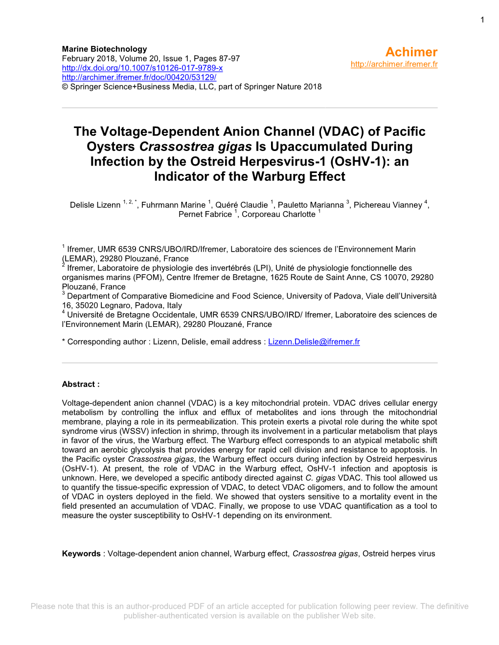 The Voltage-Dependent Anion Channel (VDAC) of Pacific Oysters