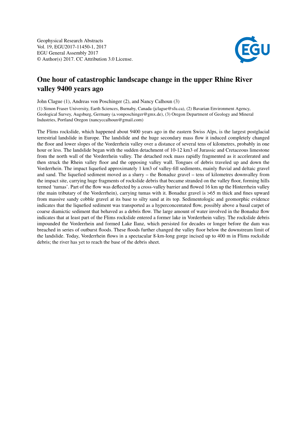 One Hour of Catastrophic Landscape Change in the Upper Rhine River Valley 9400 Years Ago