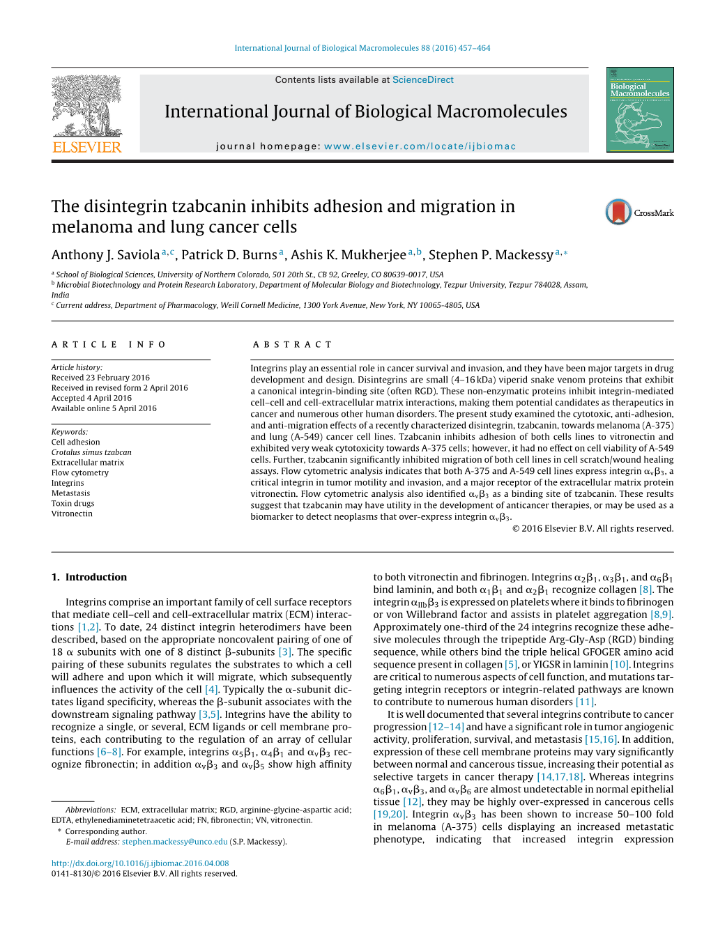 The Disintegrin Tzabcanin Inhibits Adhesion and Migration In