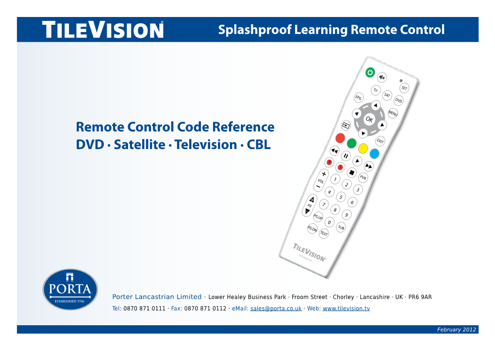 Remote Control Code Reference DVD · Satellite · Television · CBL EXIT