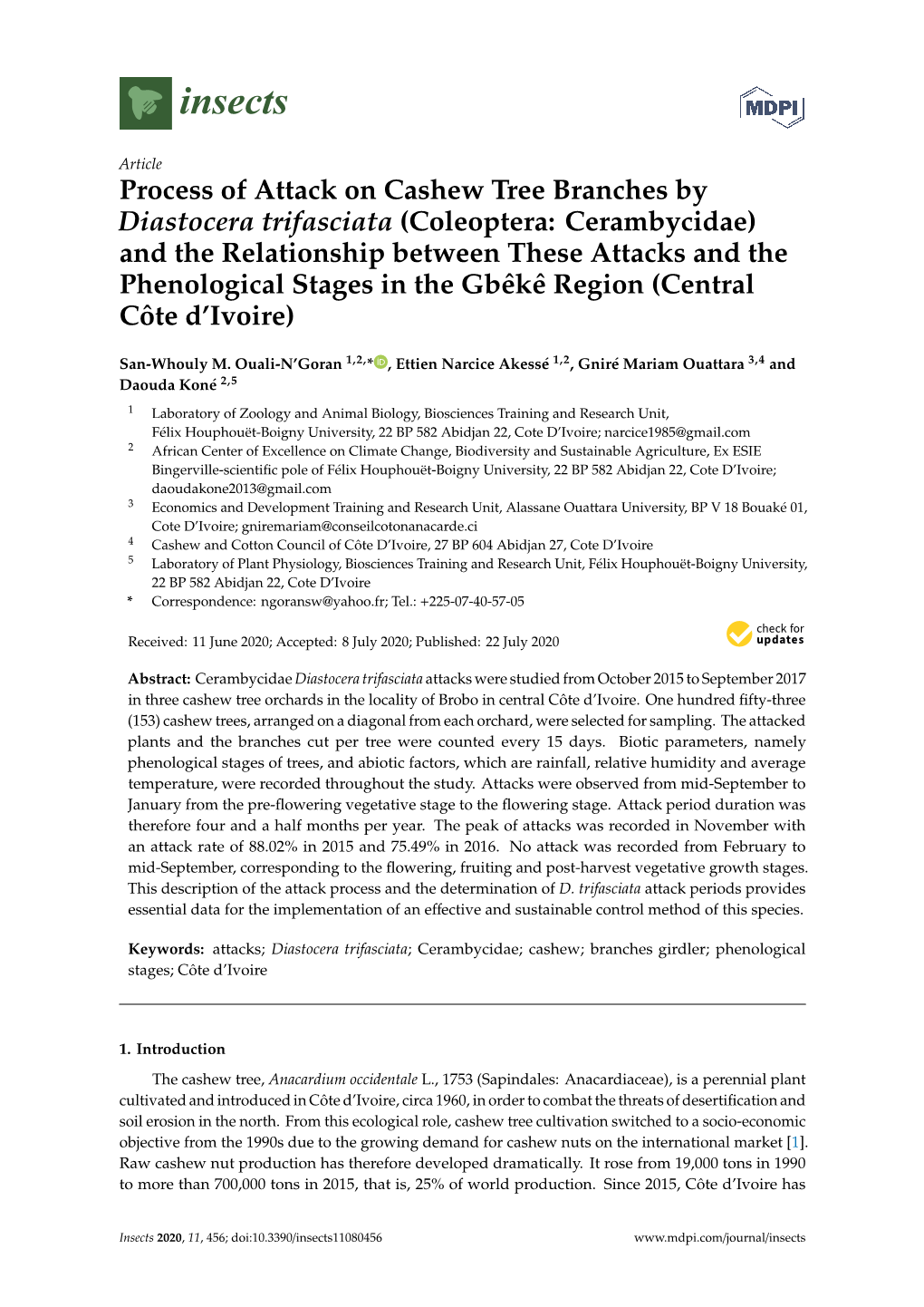 Process of Attack on Cashew Tree Branches by Diastocera Trifasciata