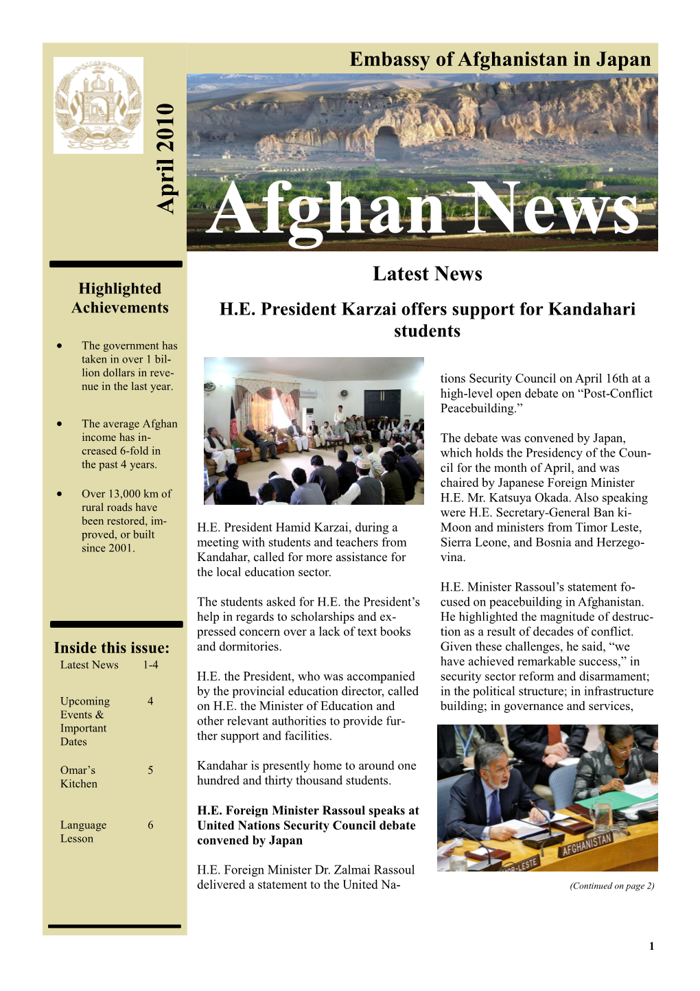 April 2010 April Latest News Highlighted Achievements H.E