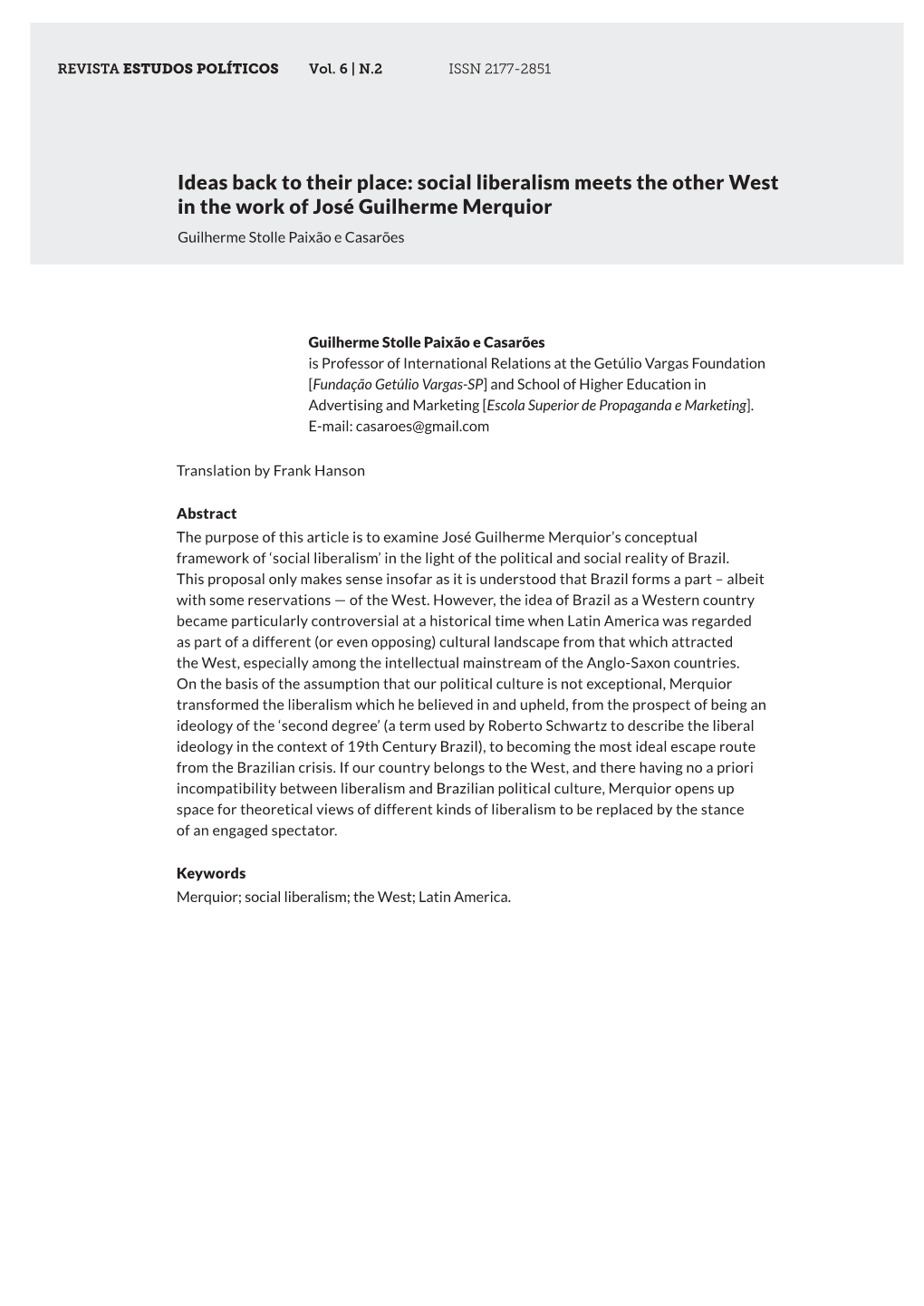 Social Liberalism Meets the Other West in the Work of José Guilherme Merquior Guilherme Stolle Paixão E Casarões