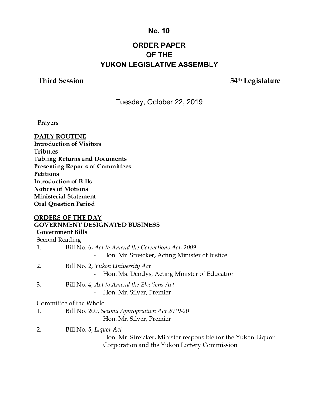 Order Paper of the Yukon Legislative Assembly