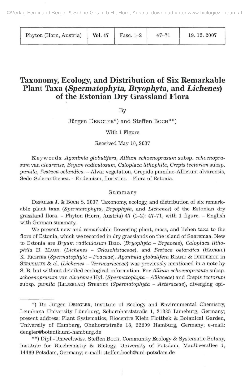 (Spermatophyta, Bryophyta, and Lichenes) of the Estonian Dry Grassland Flora