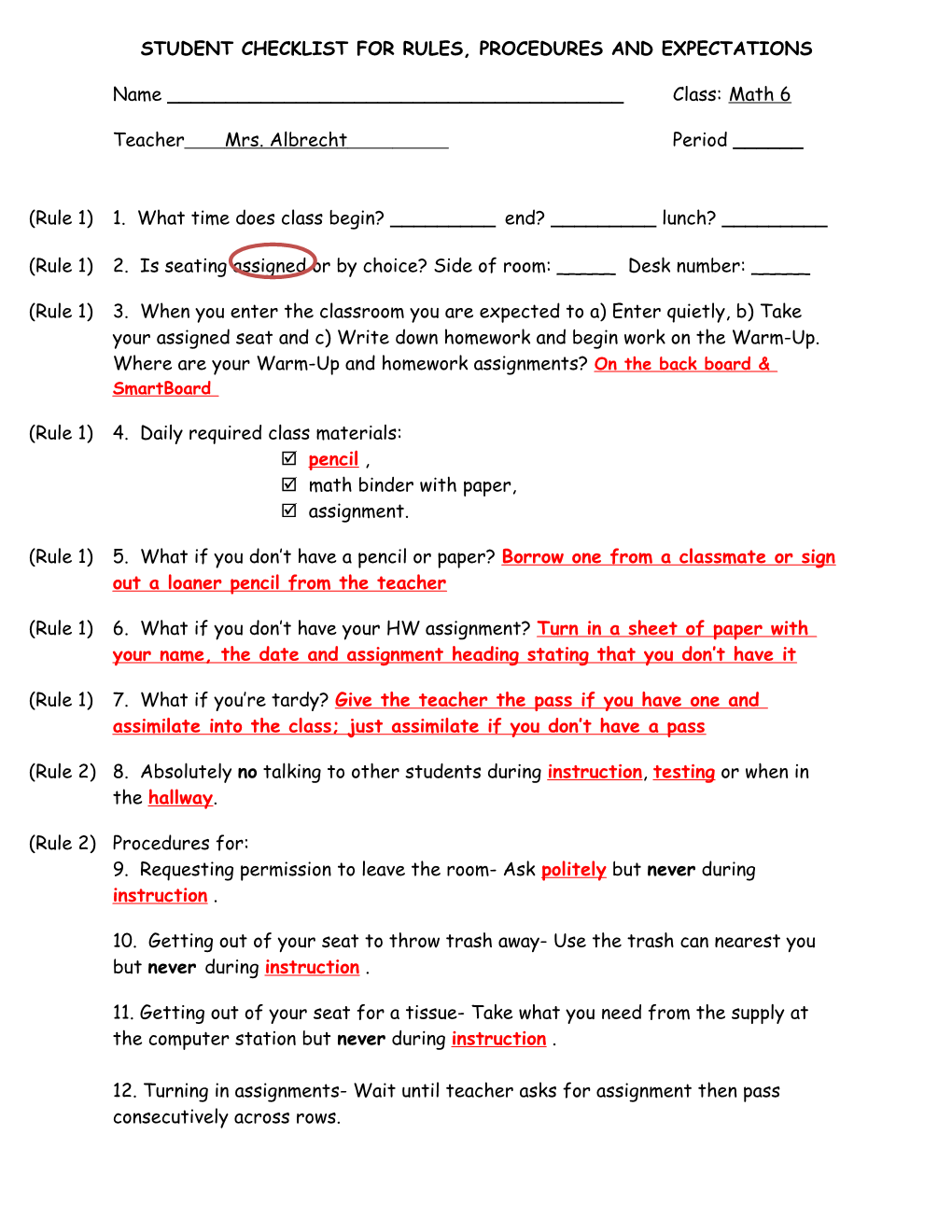 Student Checklist for Rules, Procedures and Expectations