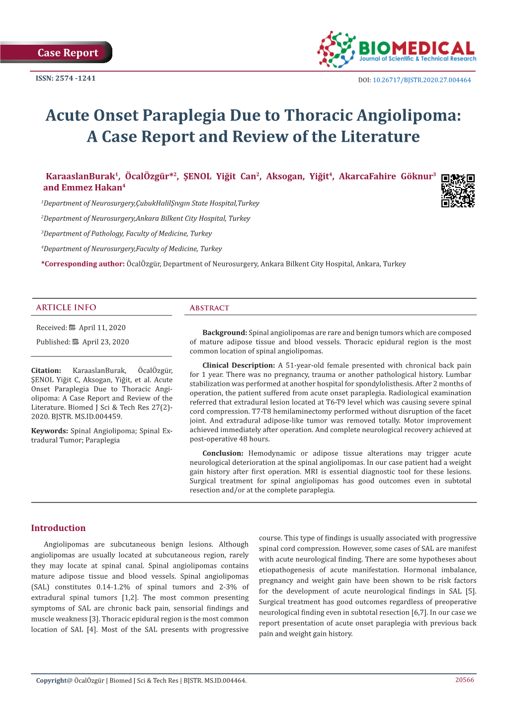 Acute Onset Paraplegia Due to Thoracic Angiolipoma: a Case Report and Review of the Literature