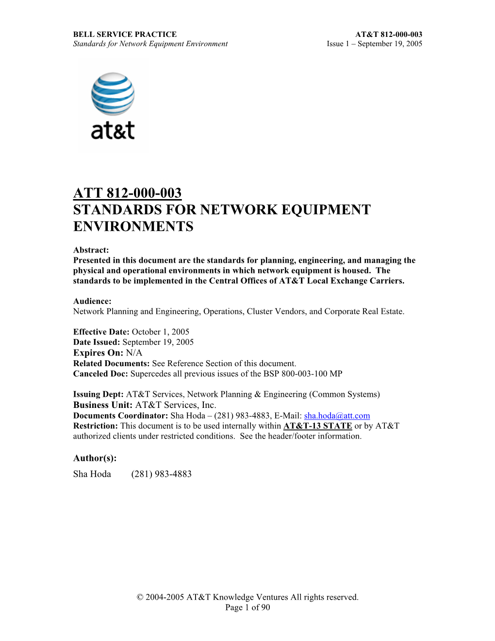 Att 812-000-003 Standards for Network Equipment Environments