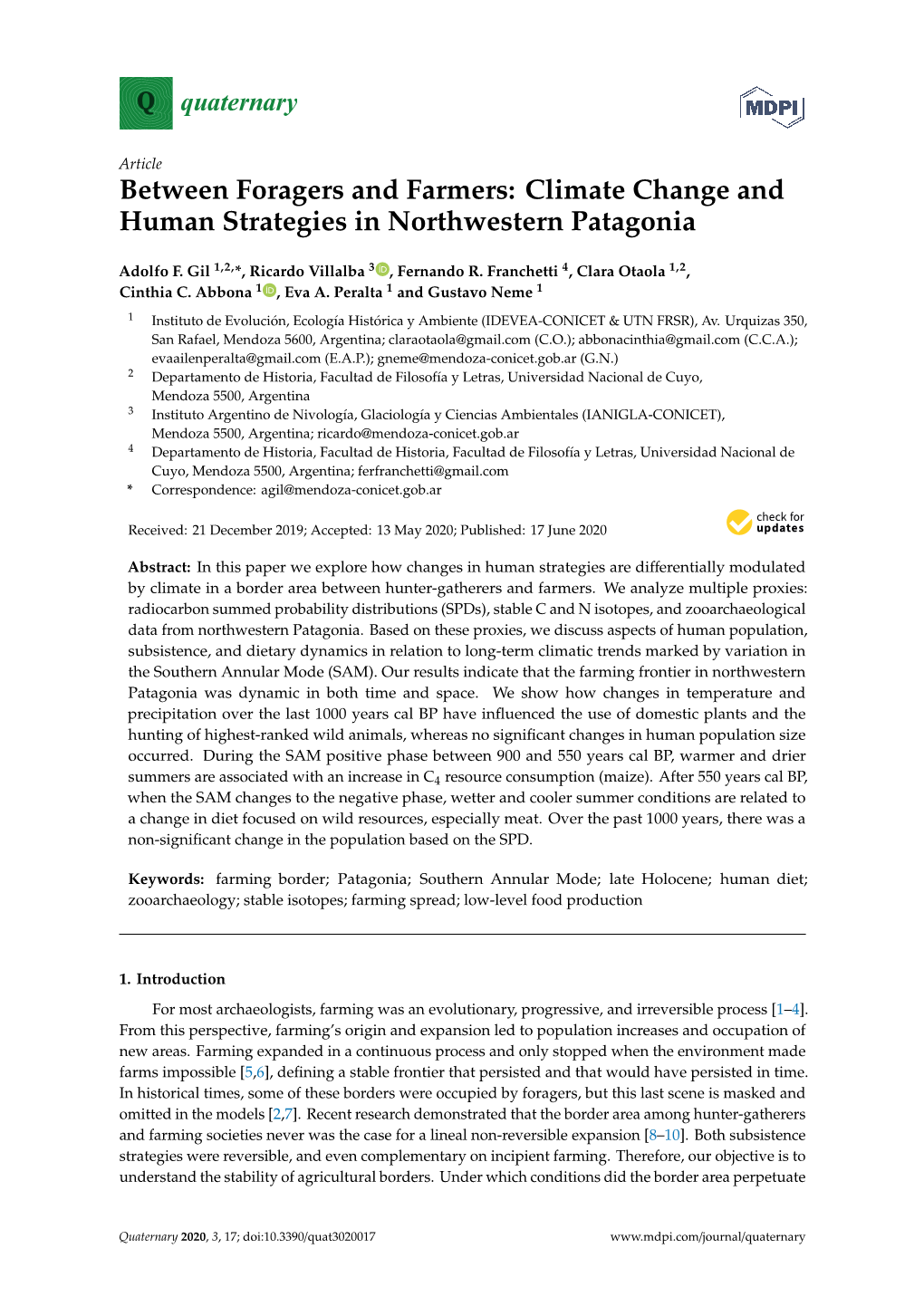 Between Foragers and Farmers: Climate Change and Human Strategies in Northwestern Patagonia