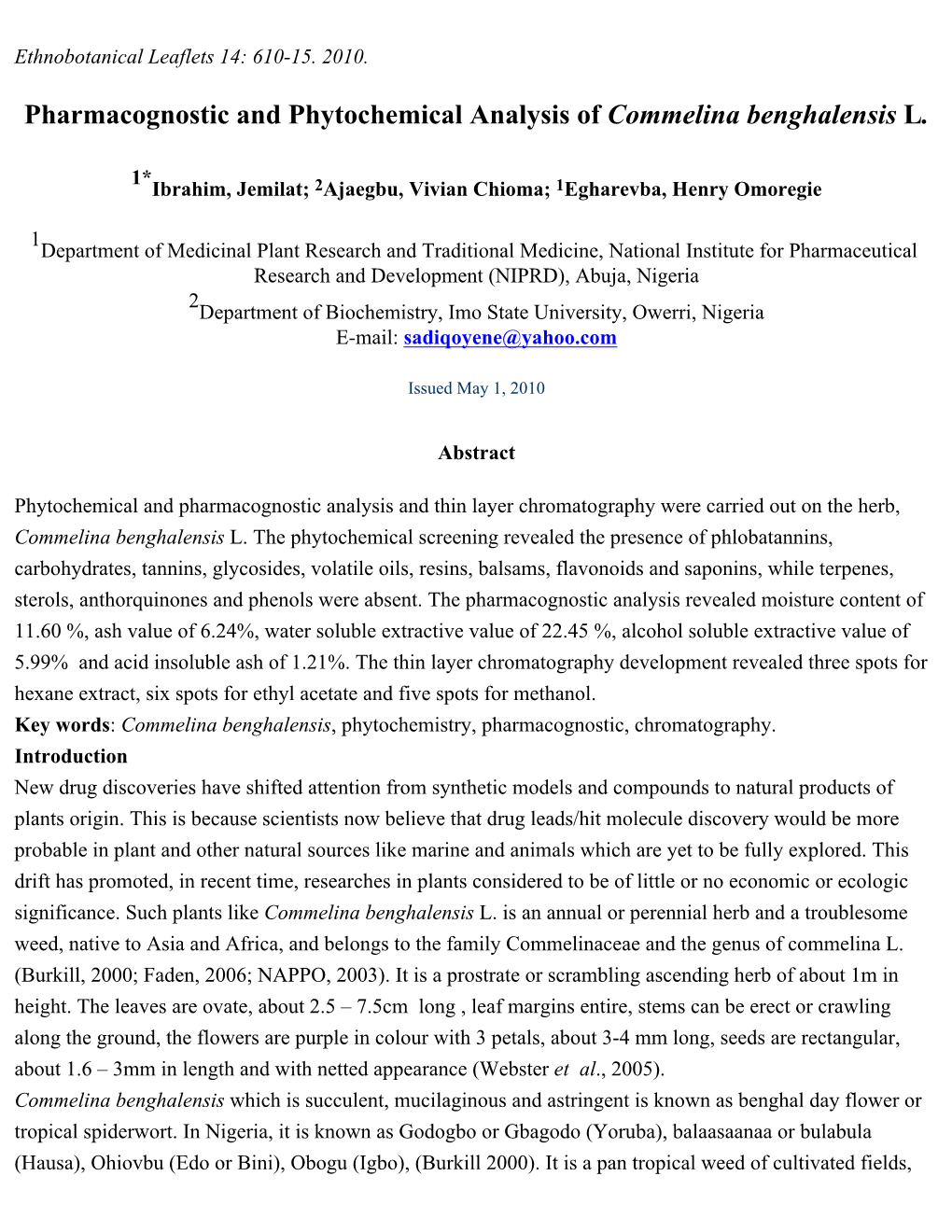 Pharmacognostic and Phytochemical Analysis of Commelina Benghalensis L