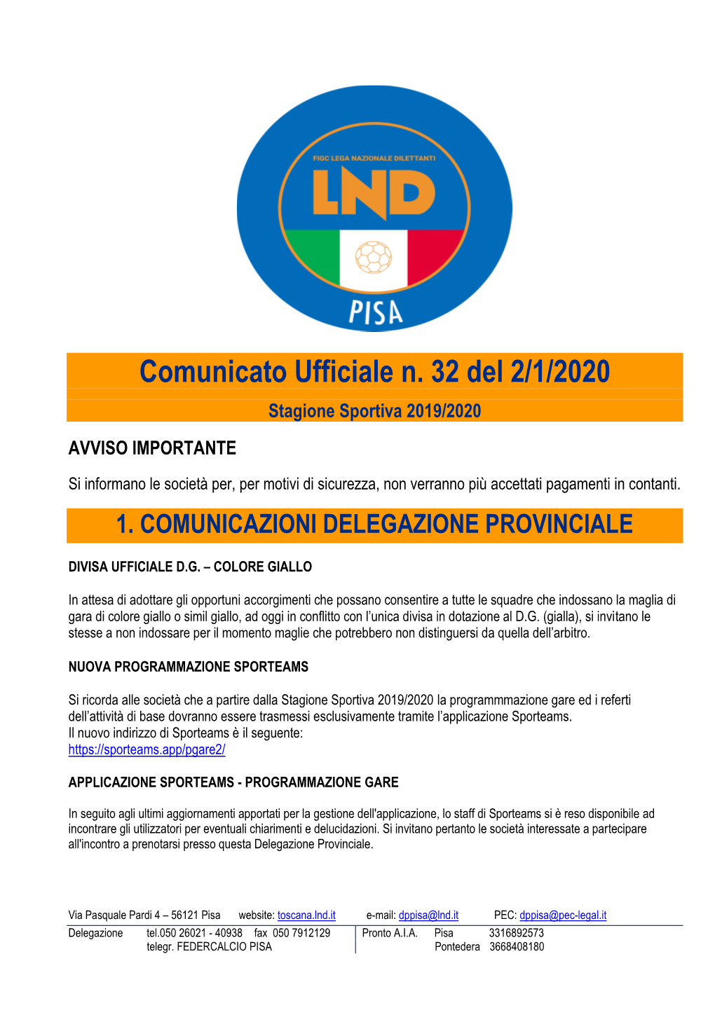 Comunicato Ufficiale N. 32 Del 2/1/2020