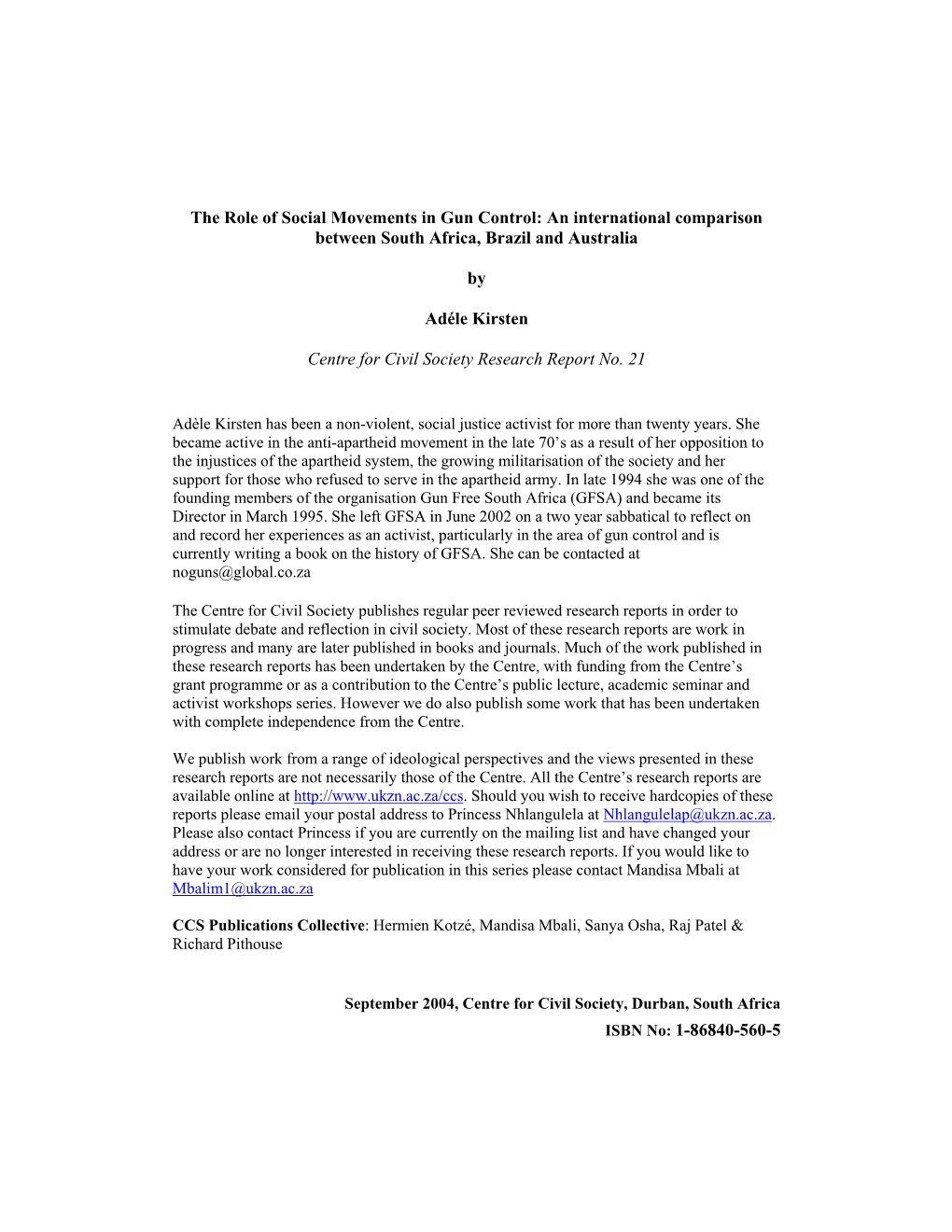 The Role of Social Movements in Gun Control: an International Comparison Between South Africa, Brazil and Australia