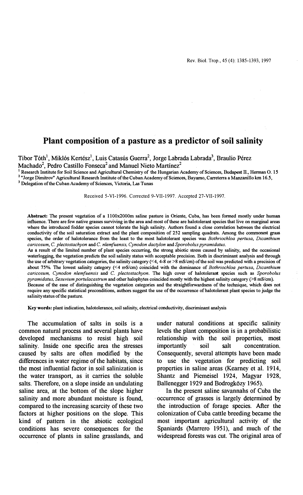 Plant Composition of a Pasture As a Predictor of Soil Salinity