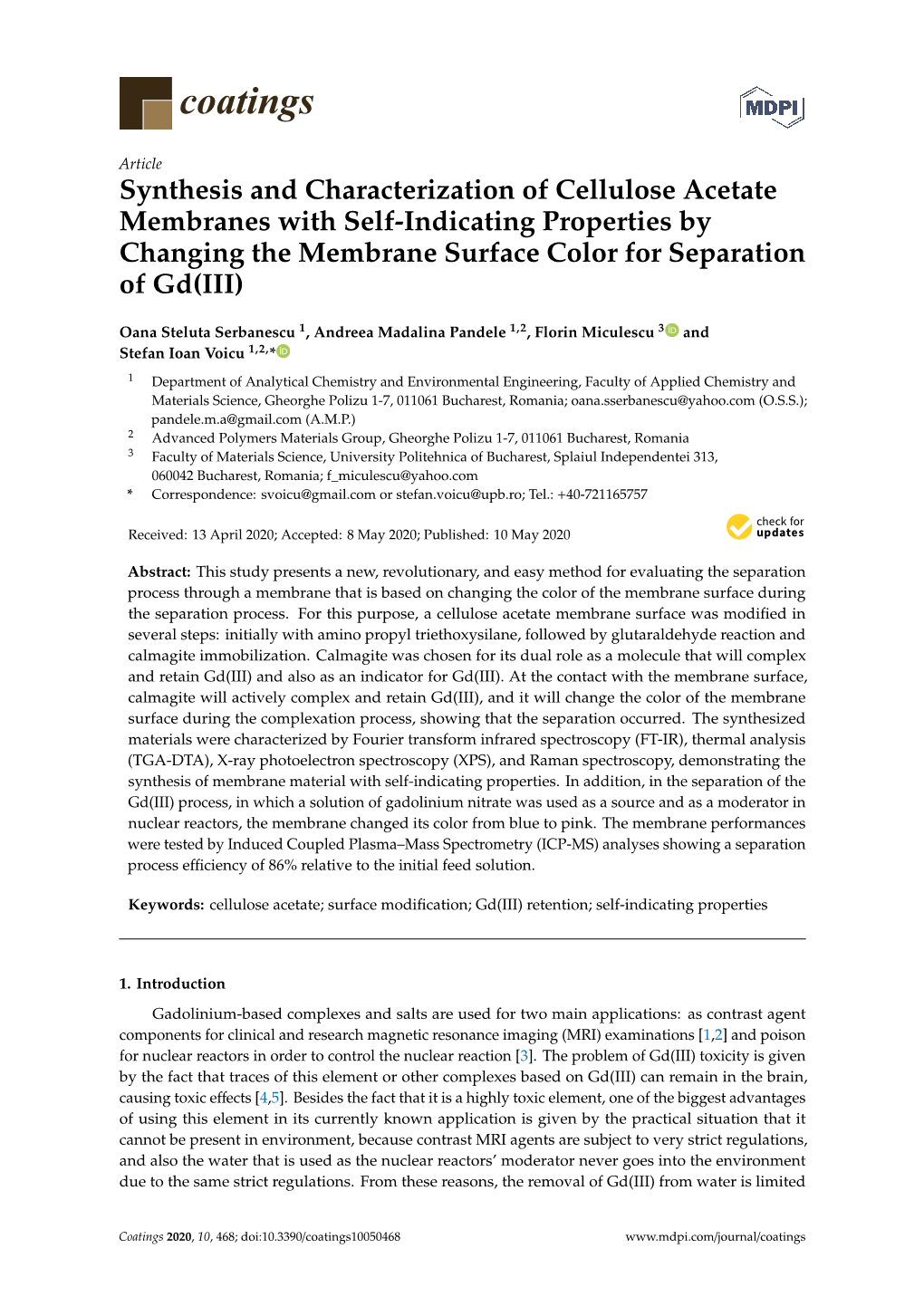 Synthesis and Characterization of Cellulose Acetate Membranes with Self-Indicating Properties by Changing the Membrane Surface Color for Separation of Gd(III)