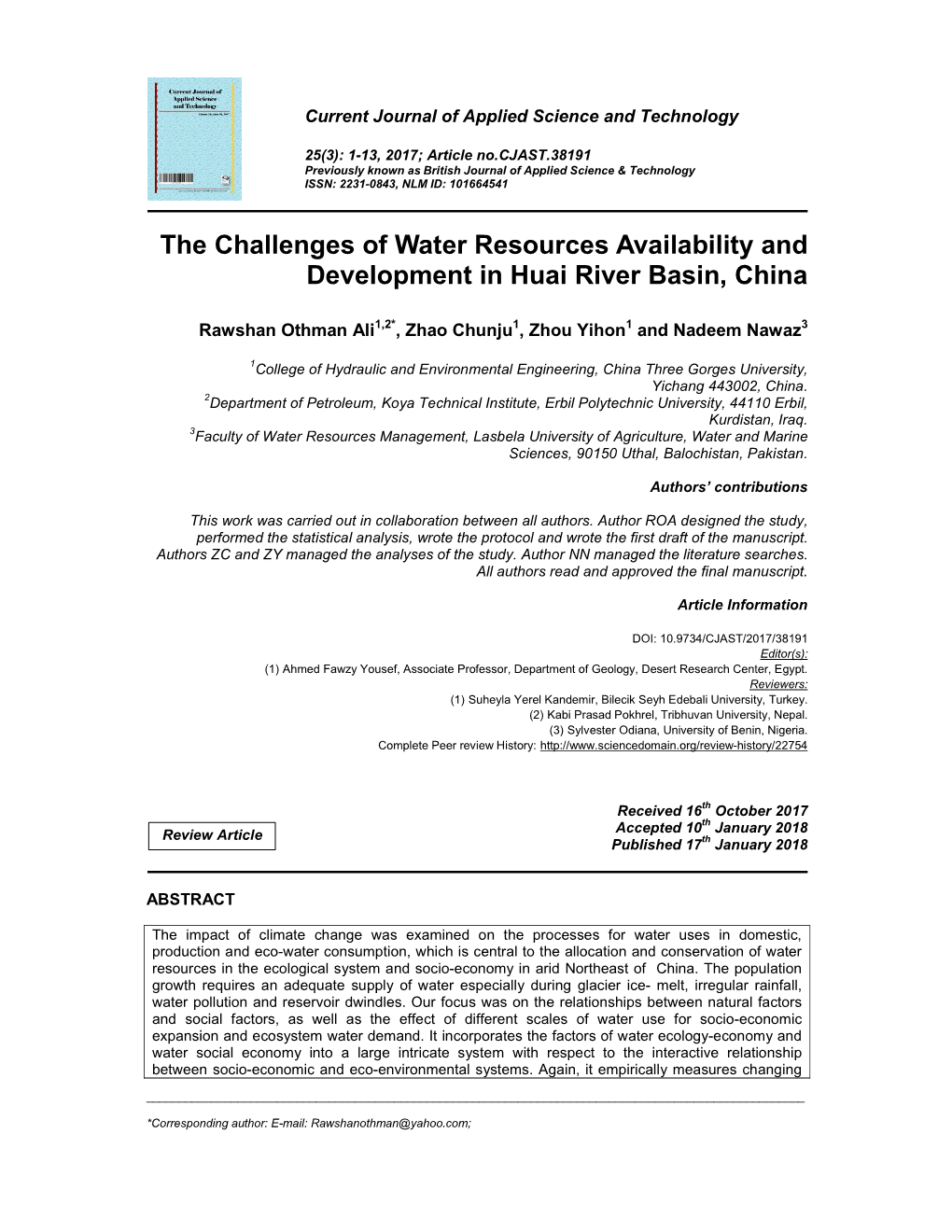The Challenges of Water Resources Availability and Development in Huai River Basin, China