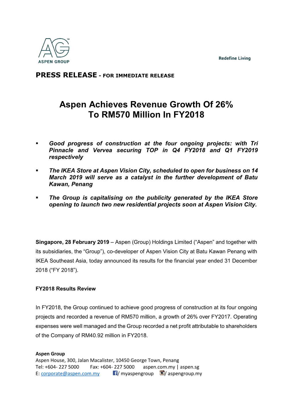Aspen Achieves Revenue Growth of 26% to RM570 Million in FY2018