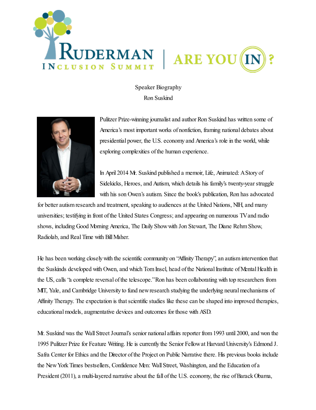 Speaker Biography Ron Suskind Pulitzer Prize-Winning Journalist