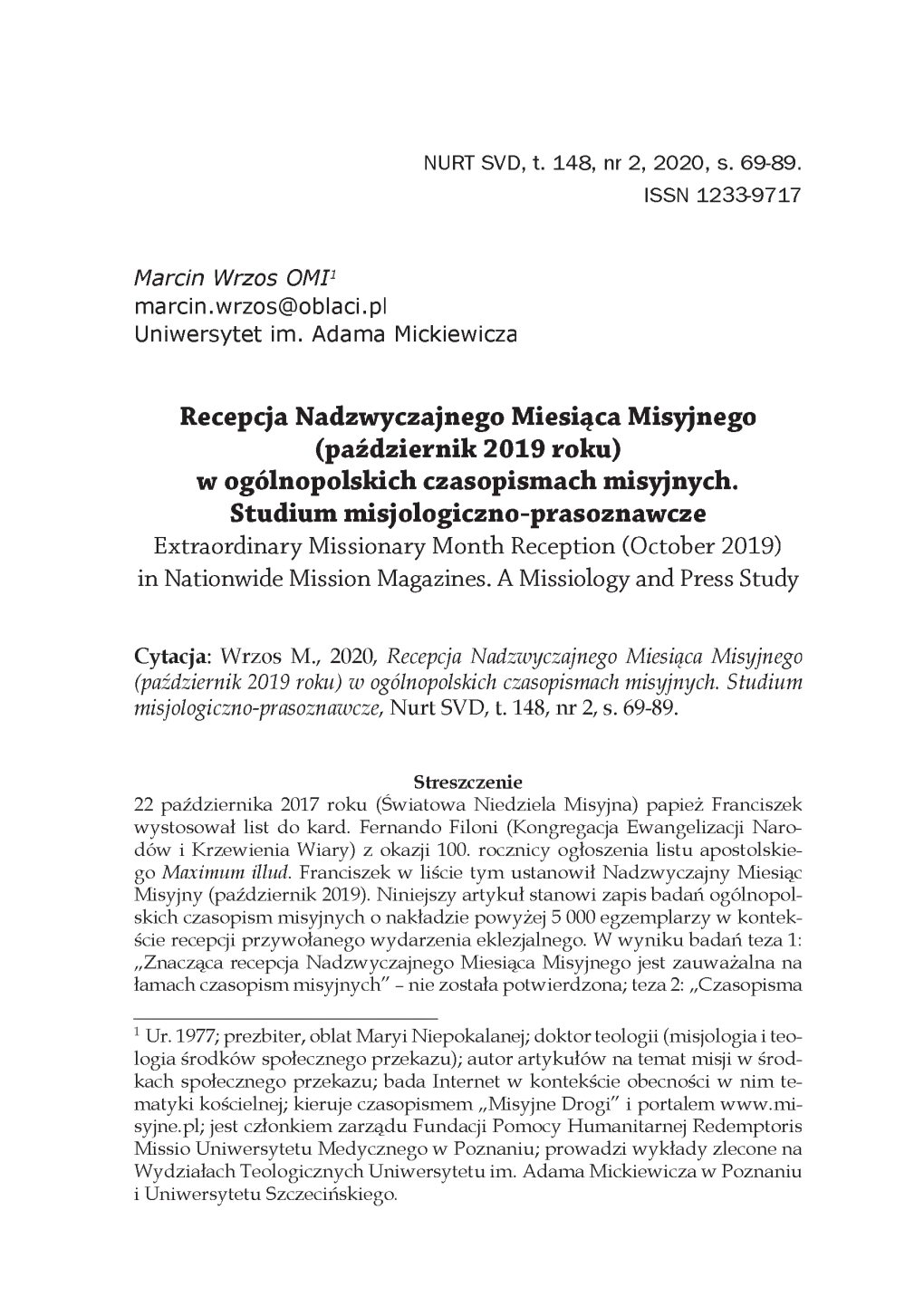 W Ogólnopolskich Czasopismach Misyjnych. Studium Misjologiczno-Prasoznawcze Extraordinary Missionary Month Reception (October 2019) in Nationwide Mission Magazines