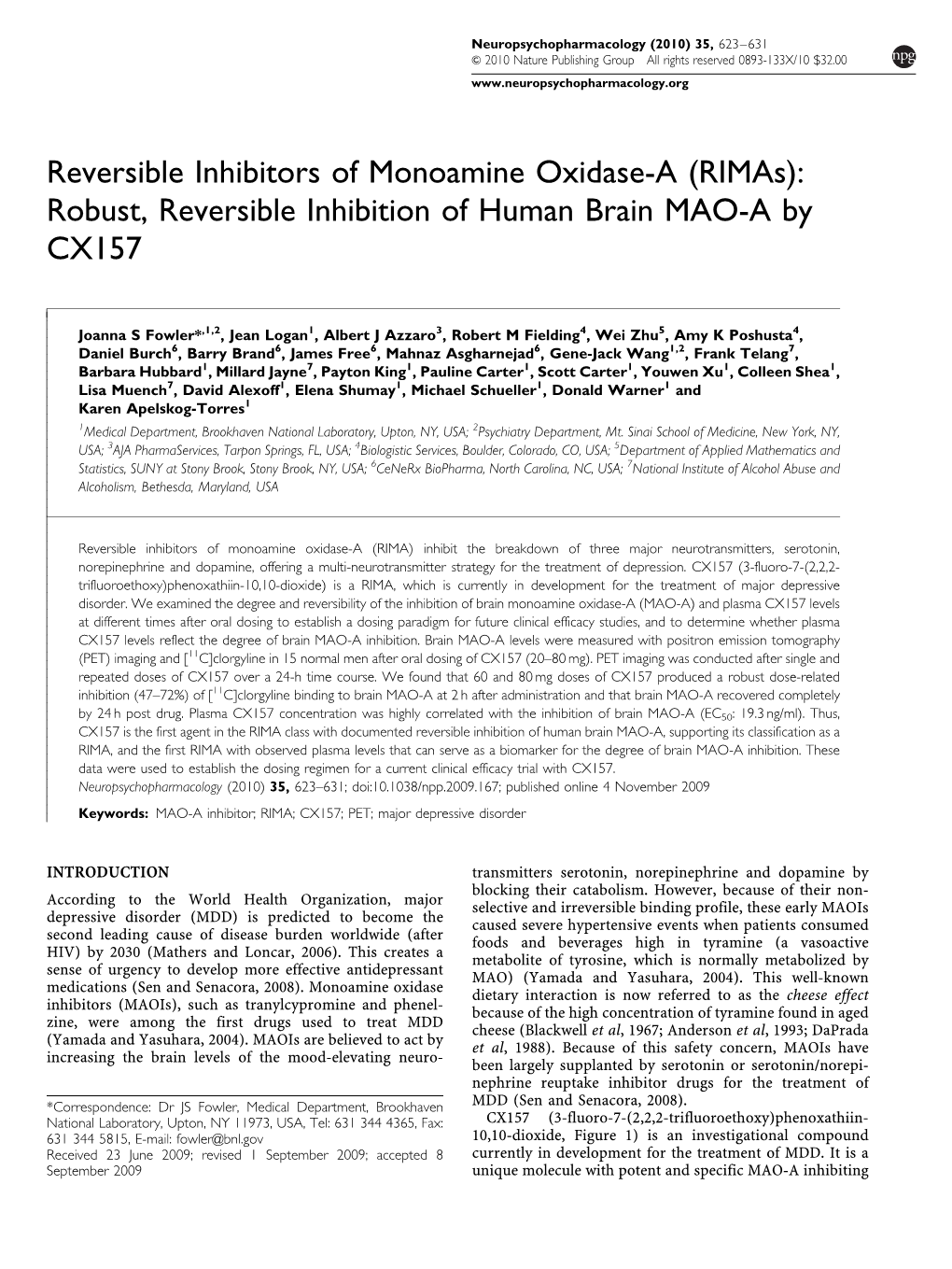 Reversible Inhibitors of Monoamine Oxidase-A (Rimas): Robust, Reversible Inhibition of Human Brain MAO-A by CX157