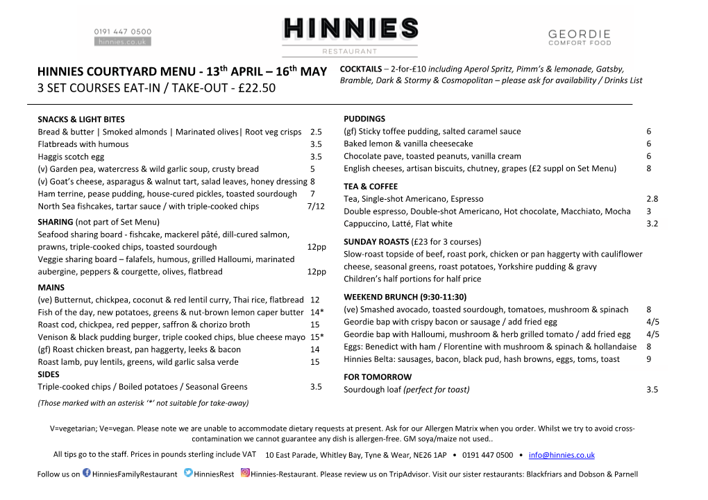 Hinnies Spring 2021 Menu