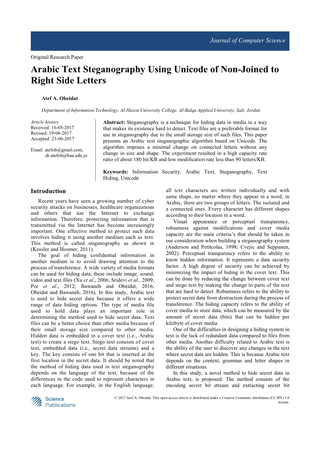 Arabic Text Steganography Using Unicode of Non-Joined to Right Side Letters