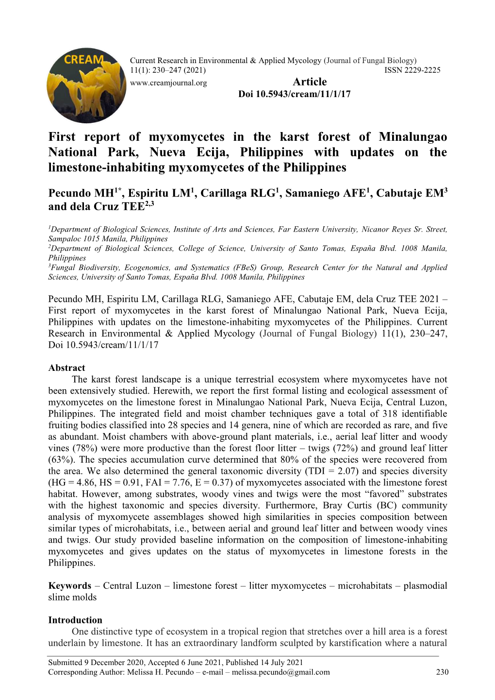 First Report of Myxomycetes in the Karst Forest Of