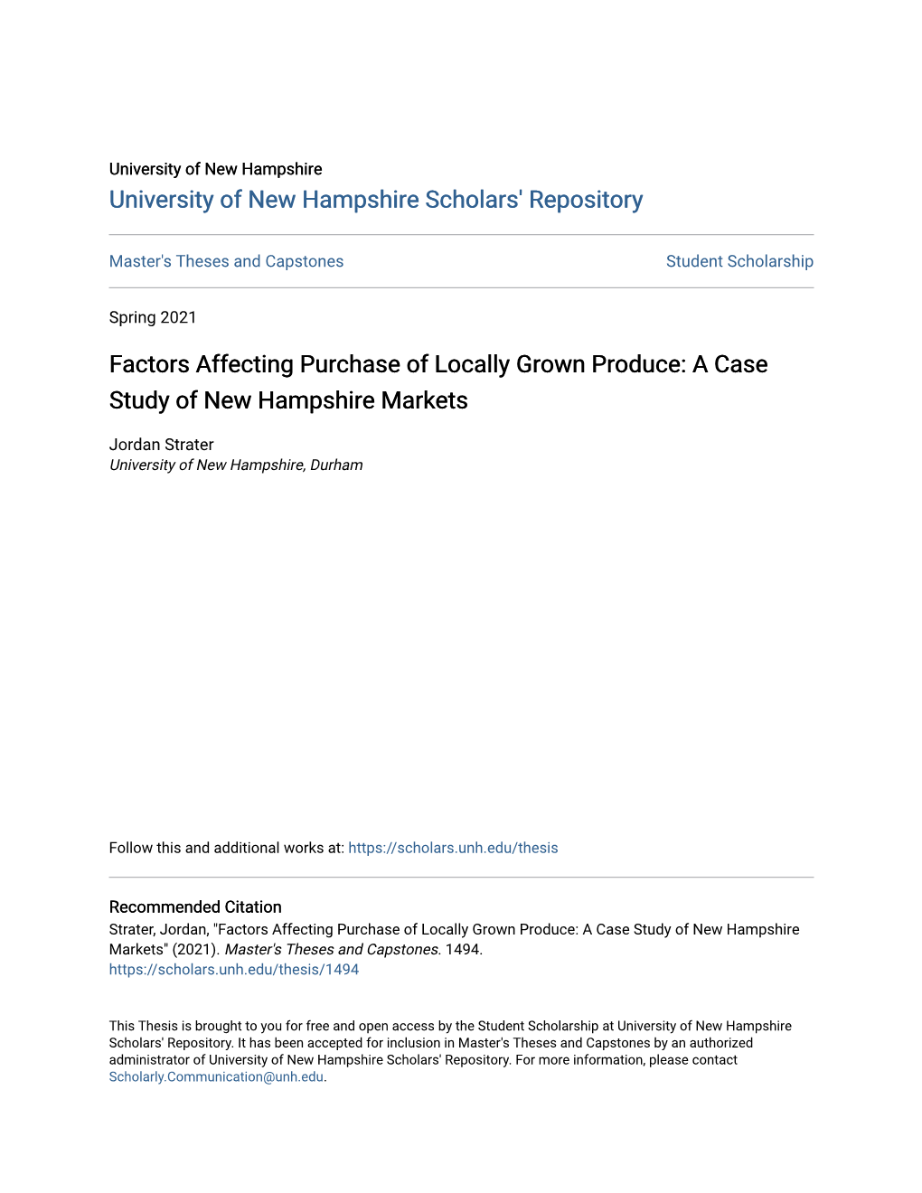 Factors Affecting Purchase of Locally Grown Produce: a Case Study of New Hampshire Markets