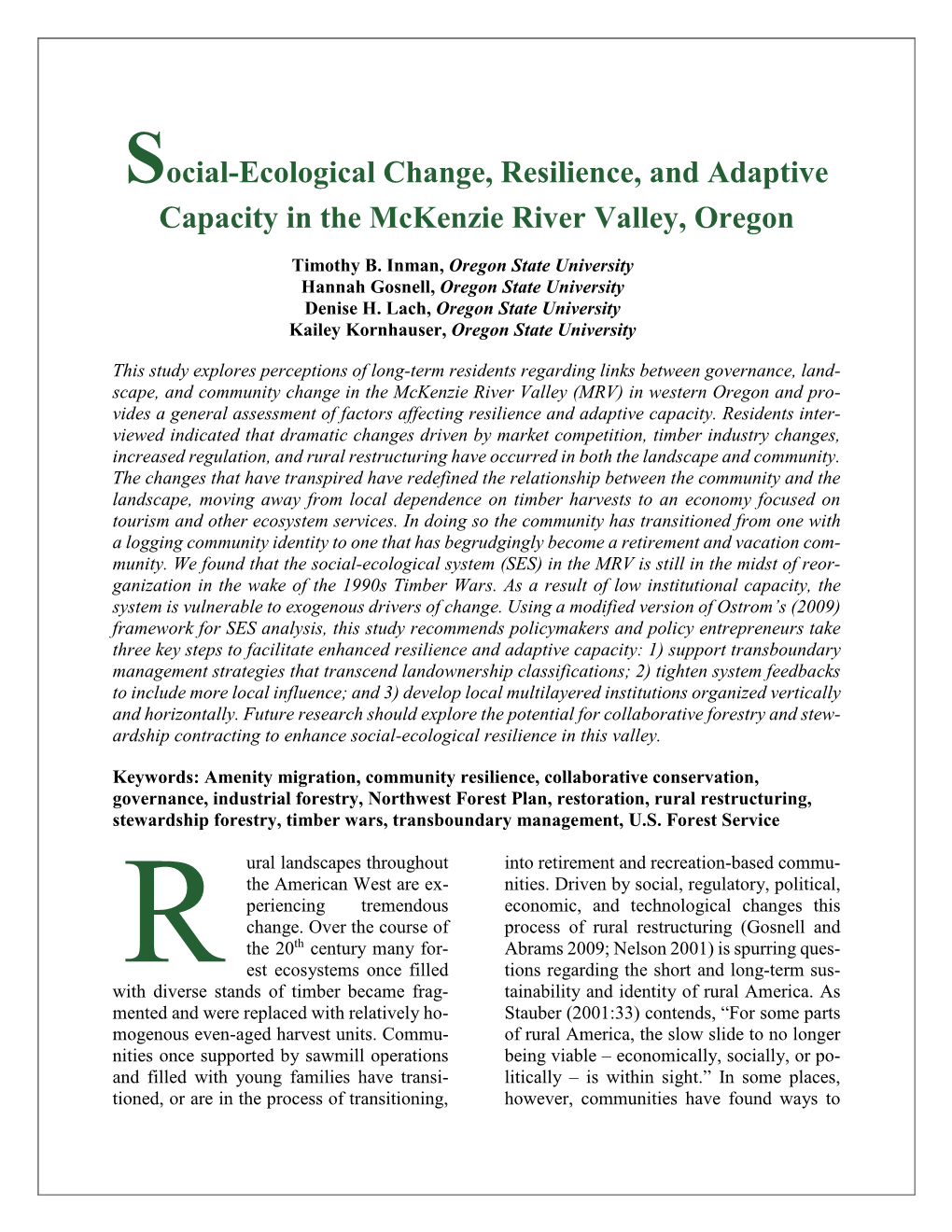 Social-Ecological Change, Resilience, and Adaptive Capacity in the Mckenzie River Valley, Oregon